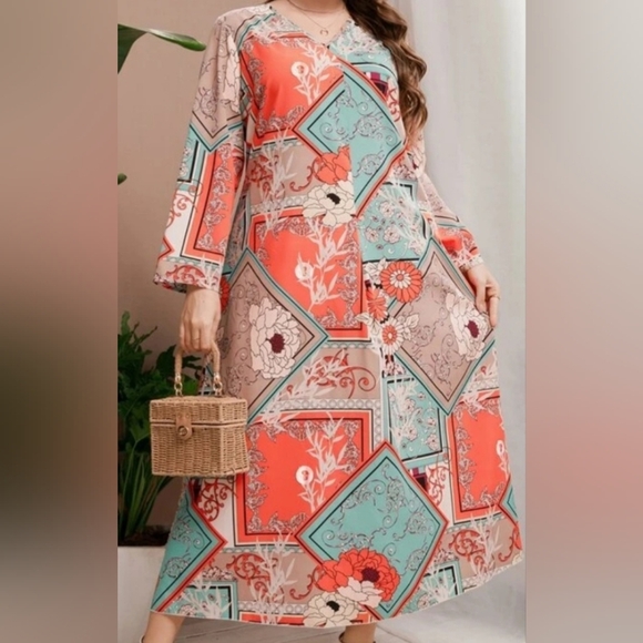 NEW LONG SLEEVE DRESS SIZE 4XL=20 US MULTICOLORED CORAL & TURQUOISE, ETC. - Picture 5 of 5